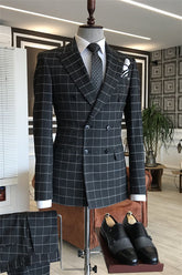 Black Double Breasted Peaked Lapel Plaid Business Suit
